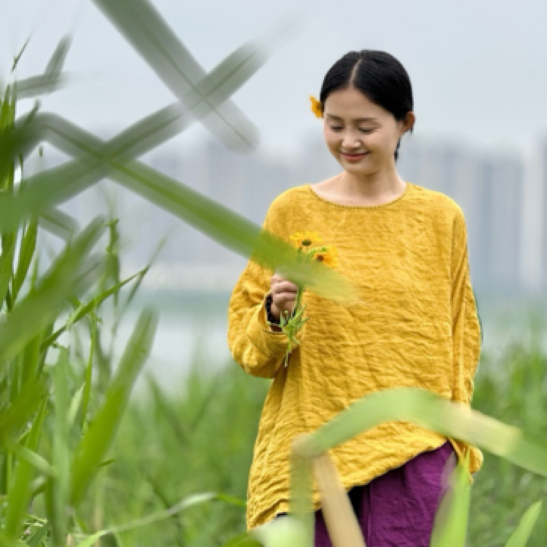 周周布衣/兮心/砂洗亚麻圆领小衫休闲长袖宽松