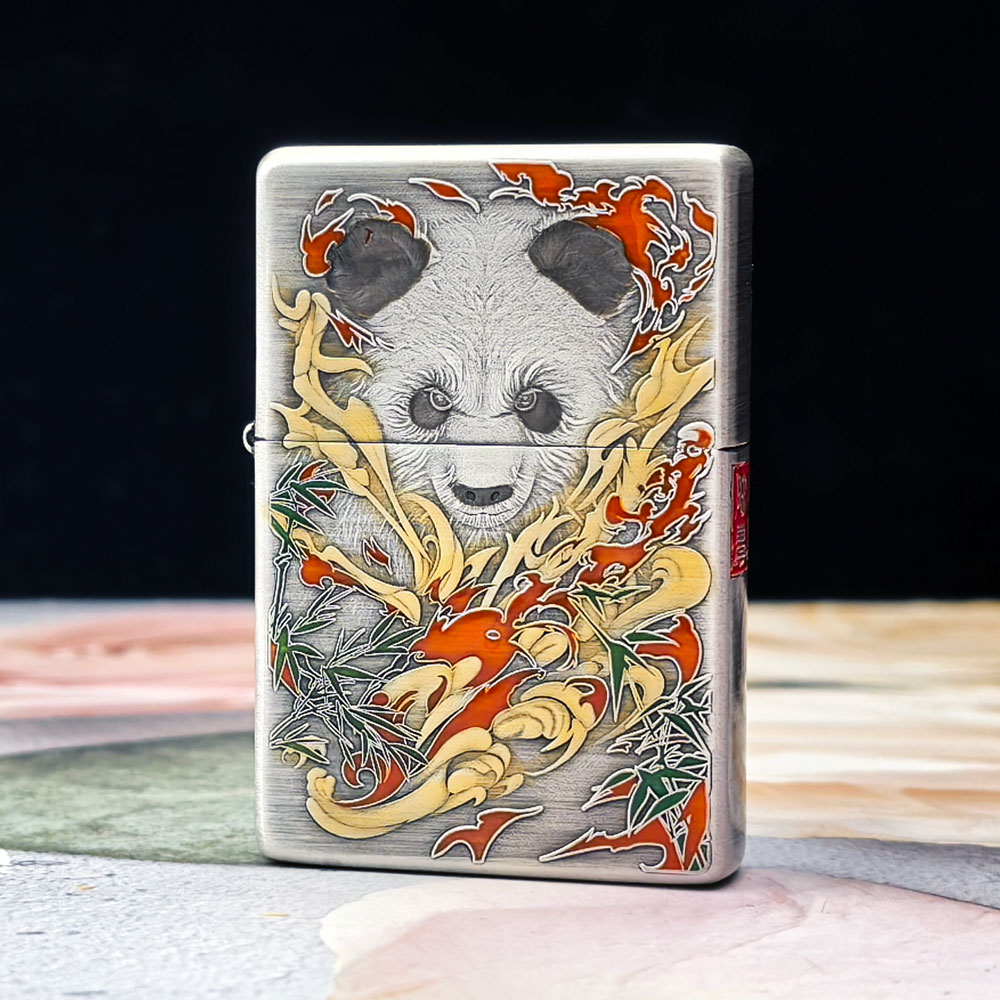 ZIPPO打火机正品千语1937熏银鎏金珐琅彩功夫熊猫3D浮雕230.25