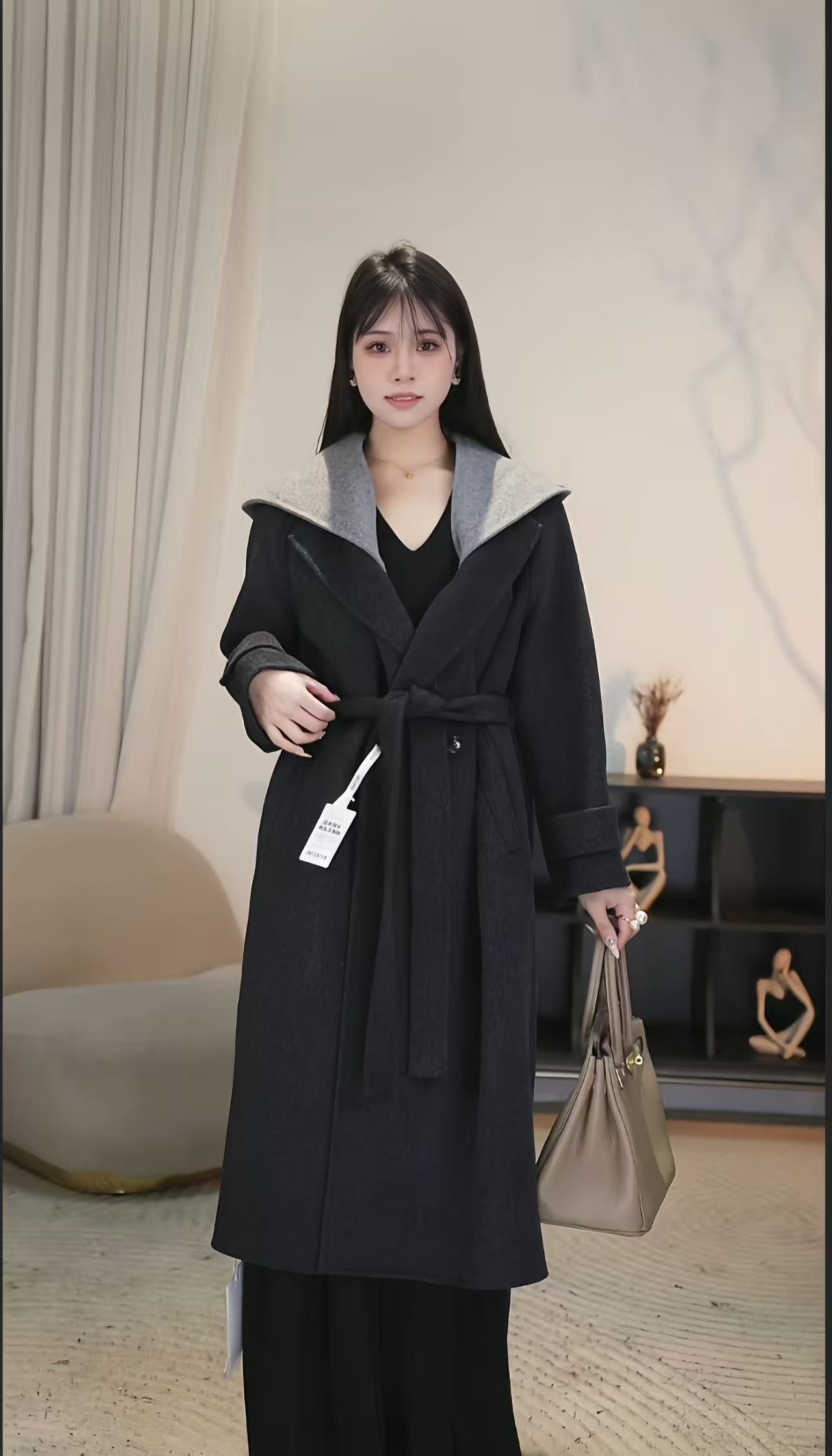 2025常规扎染毛呢外套时尚连帽设计师拼接中长款常规袖