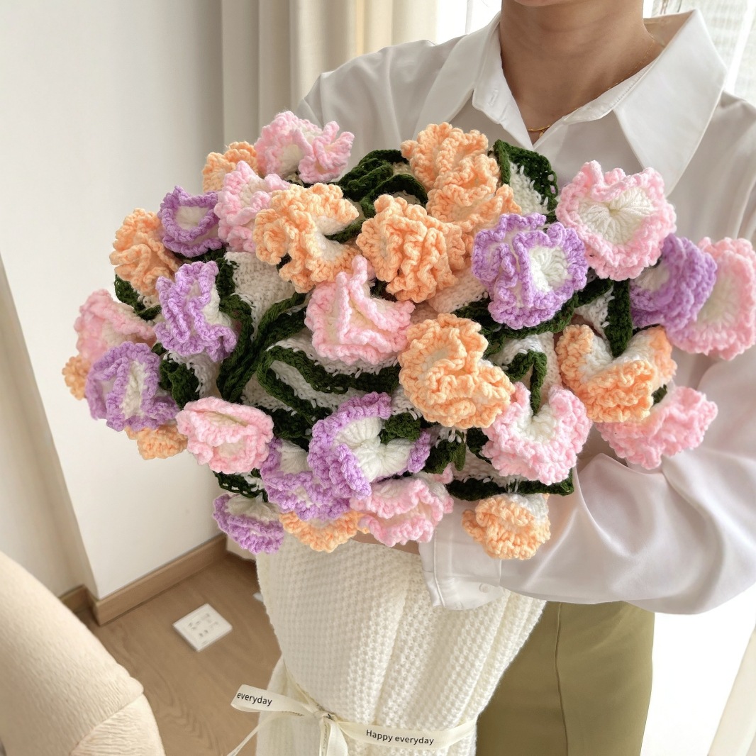 成品花束康乃馨铃兰花束毯子手工编织毛线花朵毛毯创意母亲节礼物