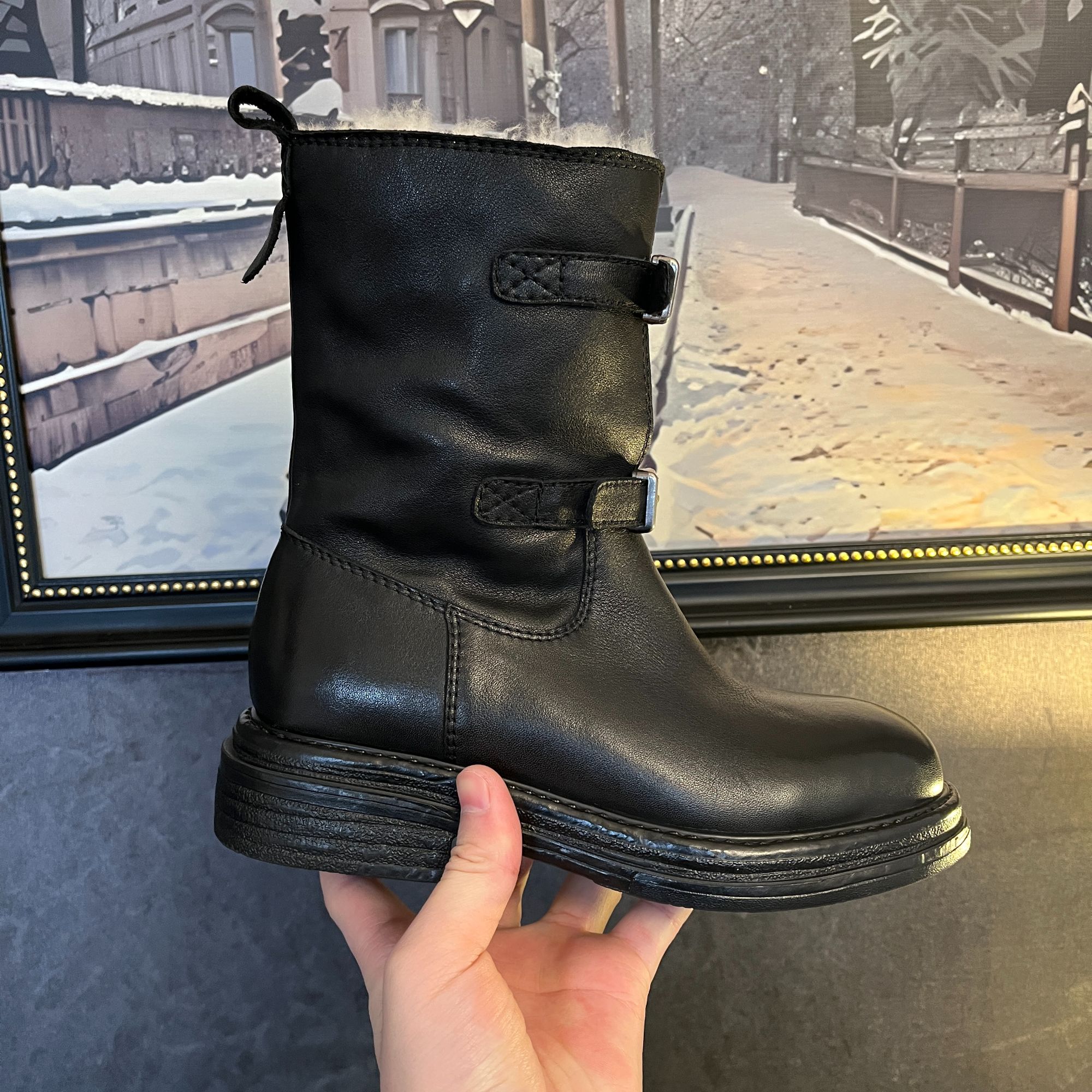 【ITAN】意大利水洗胎牛粗跟低跟英伦风复古真皮羊毛短靴切尔西靴