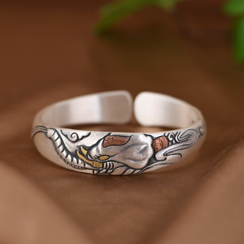 足银手镯 润土匠心足银手镯复古做旧浮雕吉祥宽版999银镯子手环