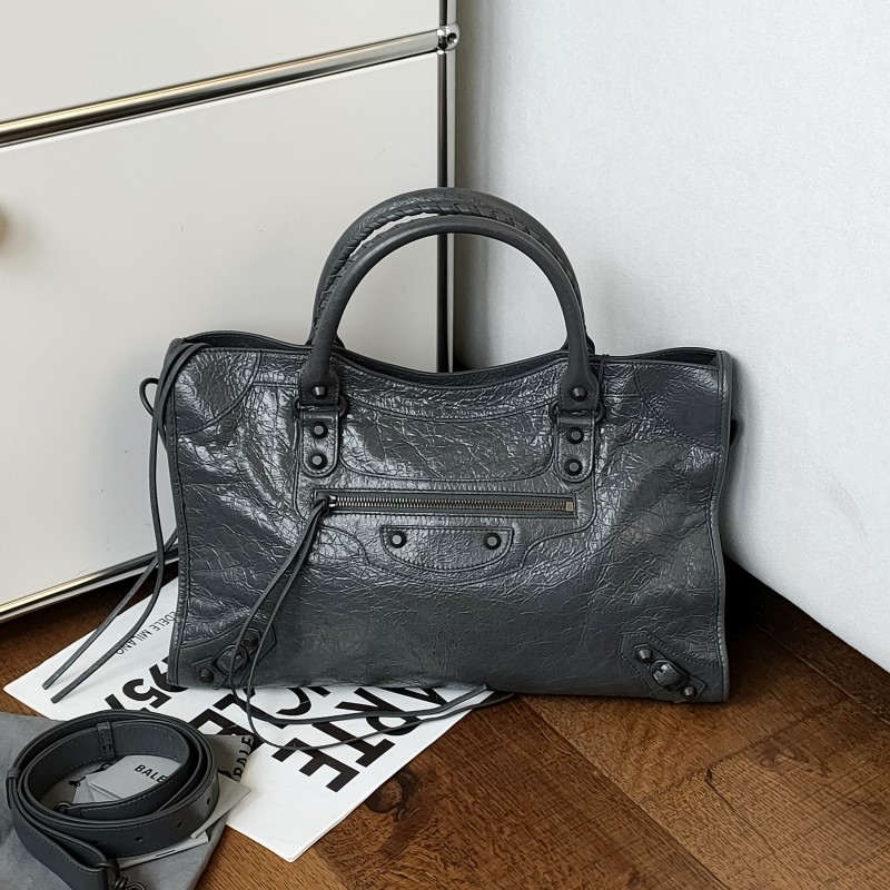 99新 Balenciaga/巴黎世家 Azul25年深灰色油蜡皮中号手提包52112