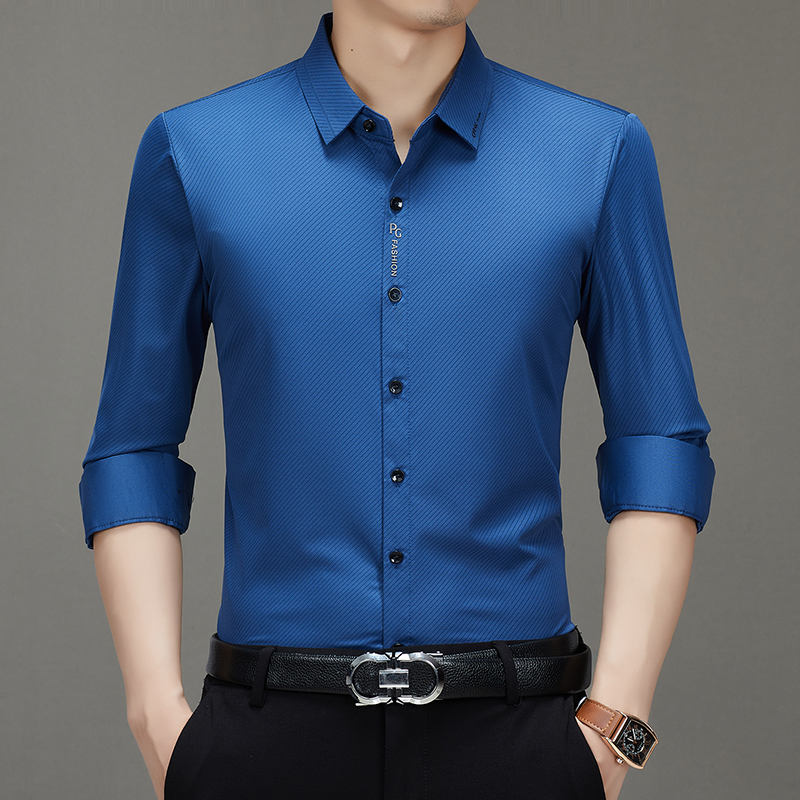 高档中年男士商务休闲衬衫百搭时尚宽松轻奢高弹力免烫男士衬衣