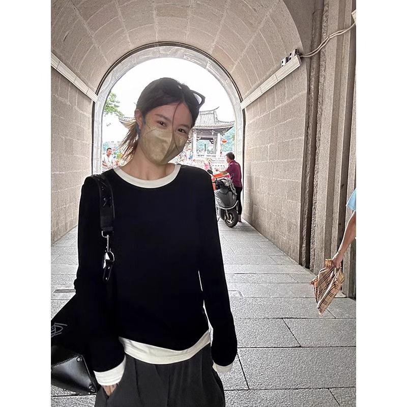 纯欲正肩修身拼接设计感假两件长袖t恤女打底衫撞色减龄内搭上衣