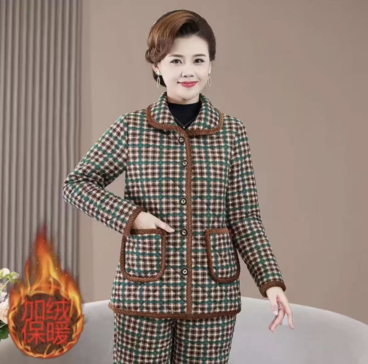  冬季套装加绒加厚保暖舒适显瘦棉衣棉裤格子妈妈套装
