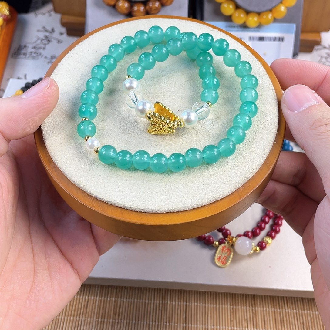 蛇纹石玉手饰银S925镀金镶嵌