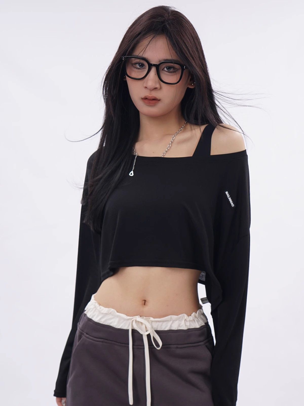 辣妹宽松瑜伽吊带防晒罩衫嘻哈爵士舞蹈上衣露脐短款黑色长袖T恤