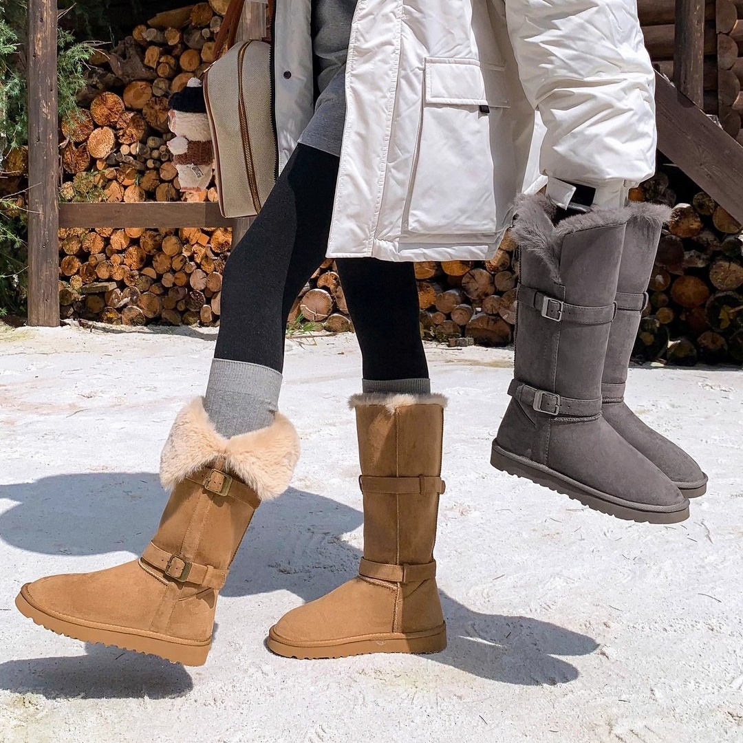时尚加绒加厚长筒雪地靴女冬季外穿厚底休闲翻毛皮带扣两穿雪地靴