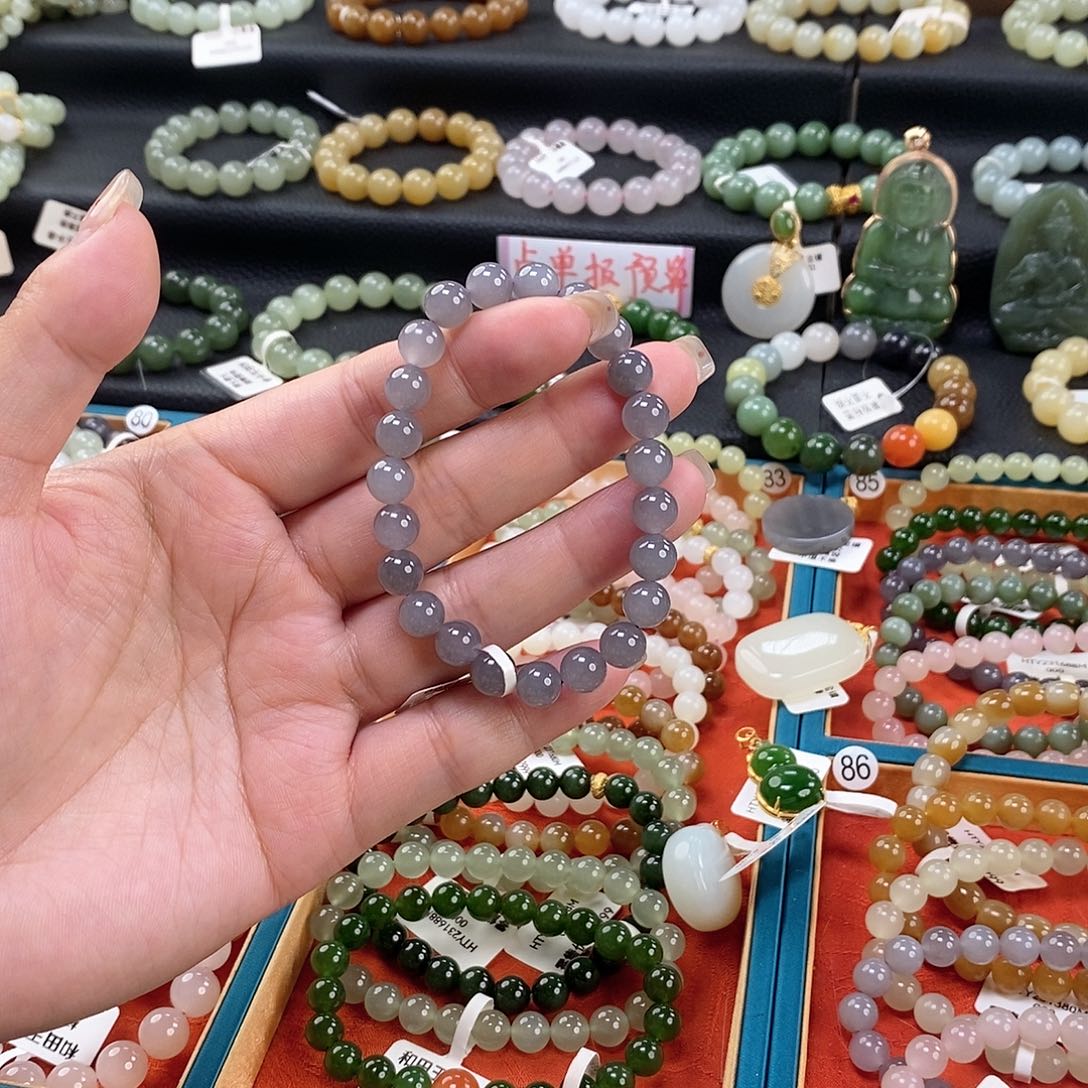 和田玉手链 8MM未镶嵌烟紫