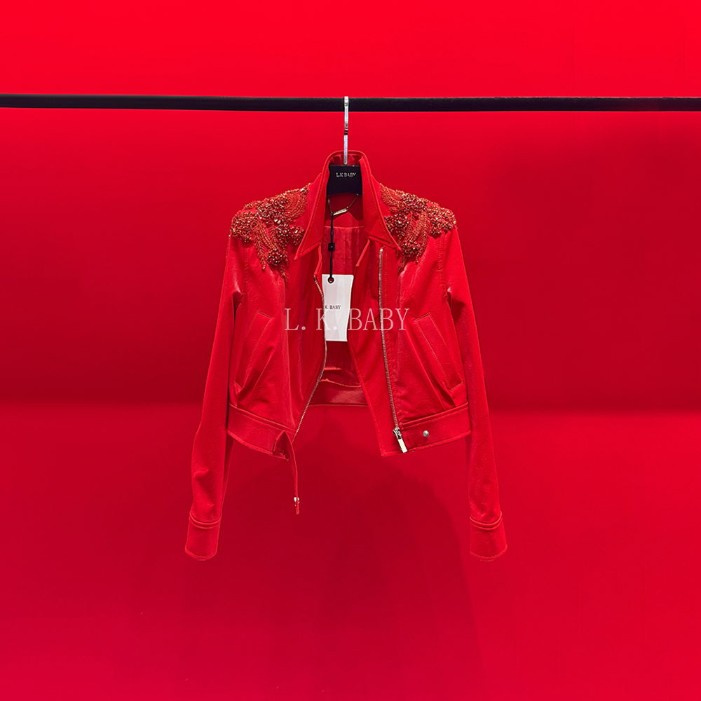 【L.K.BABY】东方美人 时髦轻奢鎏钻缀肩酷飒奢感夹克皮衣外套3276
