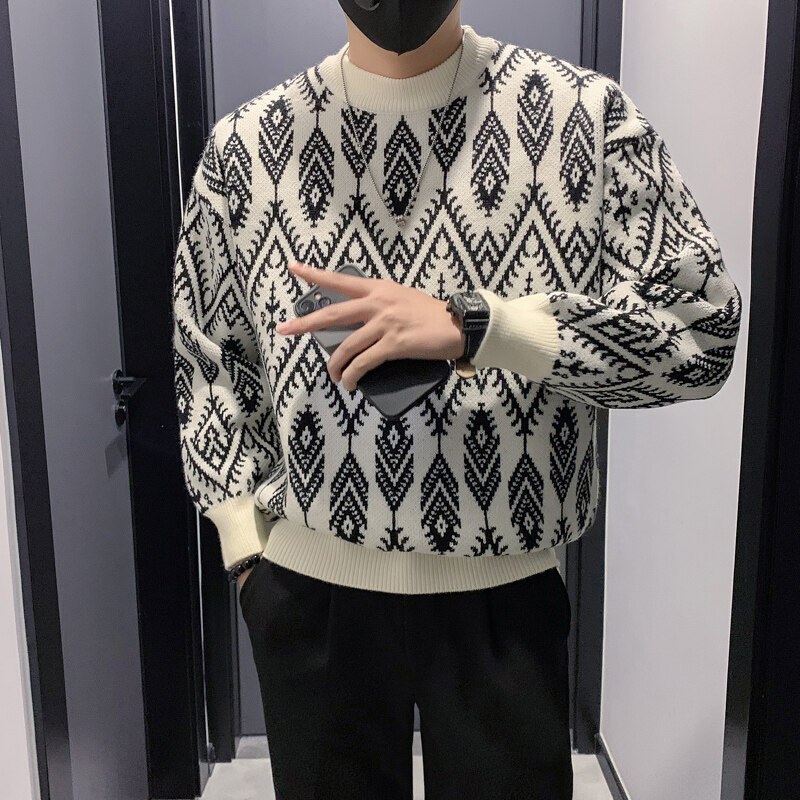 毛衣男款秋冬季潮牌设计感提花圆领针织衫男生加厚保暖毛线打底衫