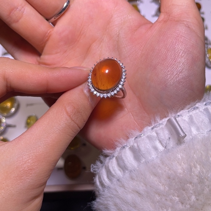 琥珀戒指银S925镶嵌小**可戒指3号