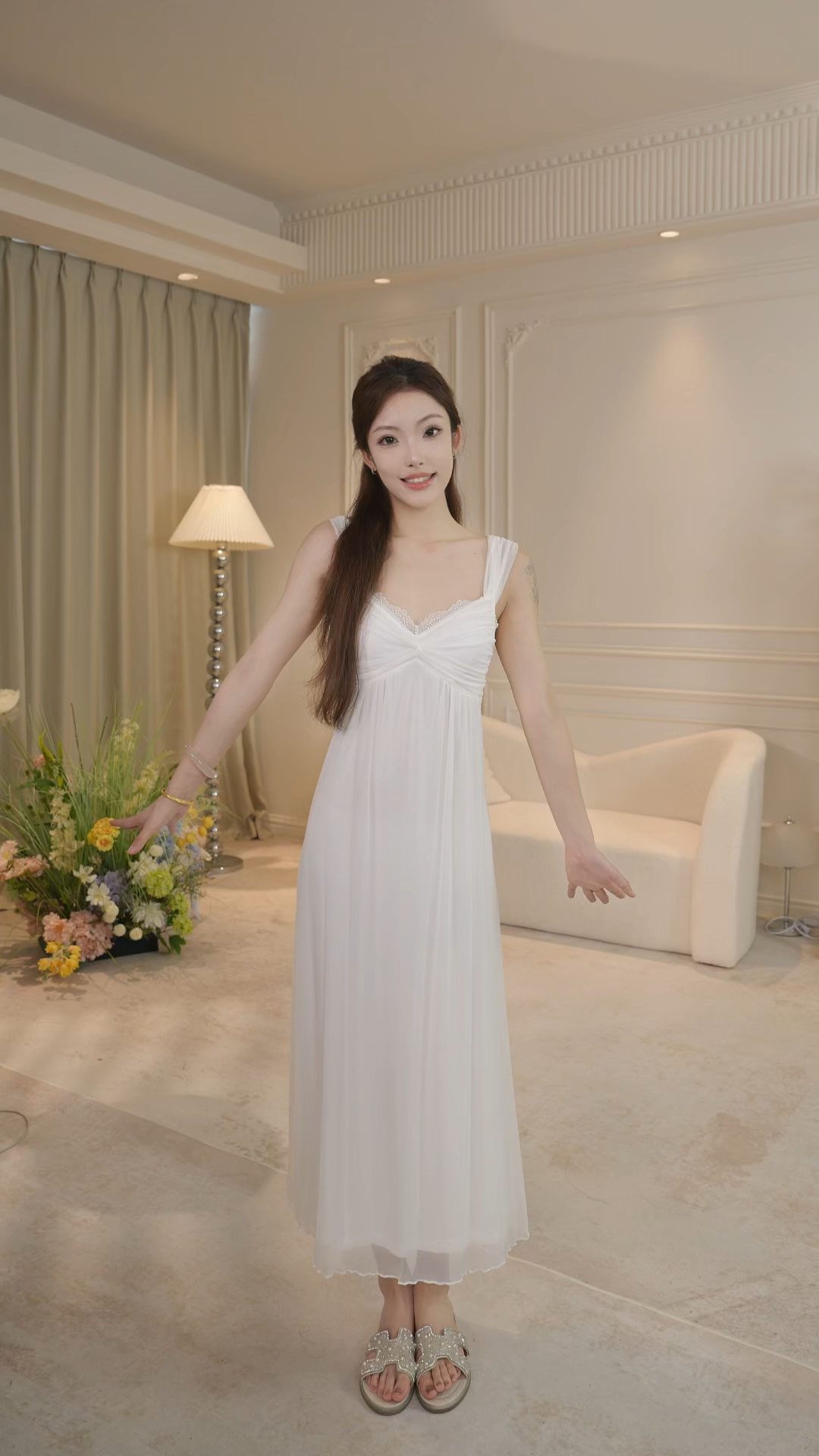 【月光白】代尔棉吊带睡衣裙女带胸垫纯欲蕾丝夏季网纱法式宫廷风