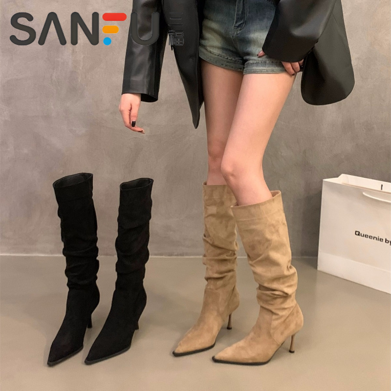 高跟尖头卡其色绒面堆堆长靴女鞋2025秋冬季单靴瘦瘦长筒骑士靴子