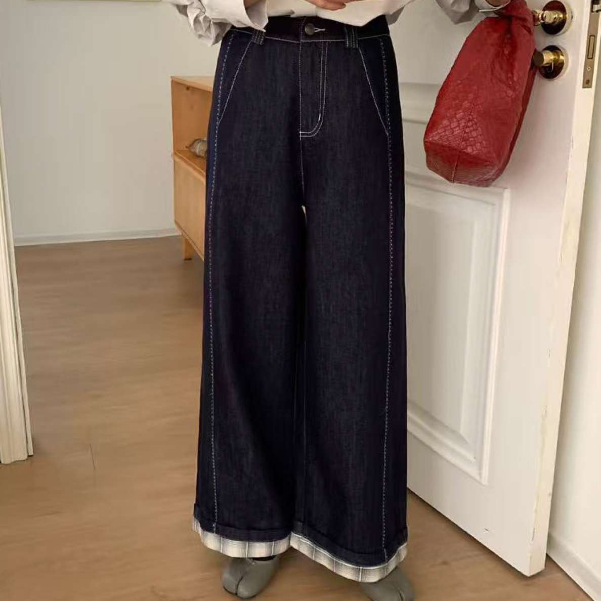 花聆海/FW/精裁简约宽松拼接阔腿裤5 10360 