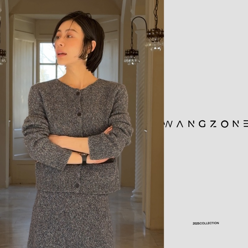 WANG ZONE | 丝羊绒羊毛复古夹花纱手工钩边粗针蓝灰色圆领开衫