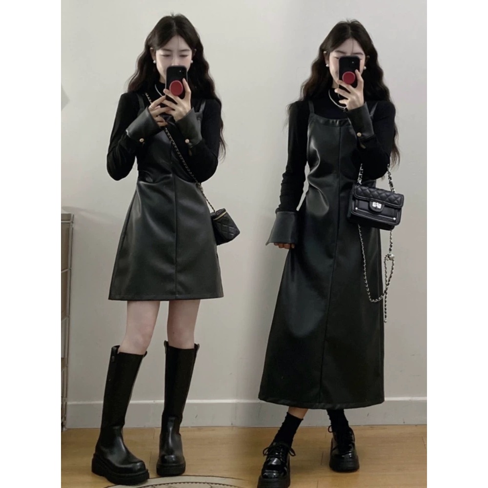 依二一假两件拼接pu皮女冬季2025显瘦高级感气质长裙子6012