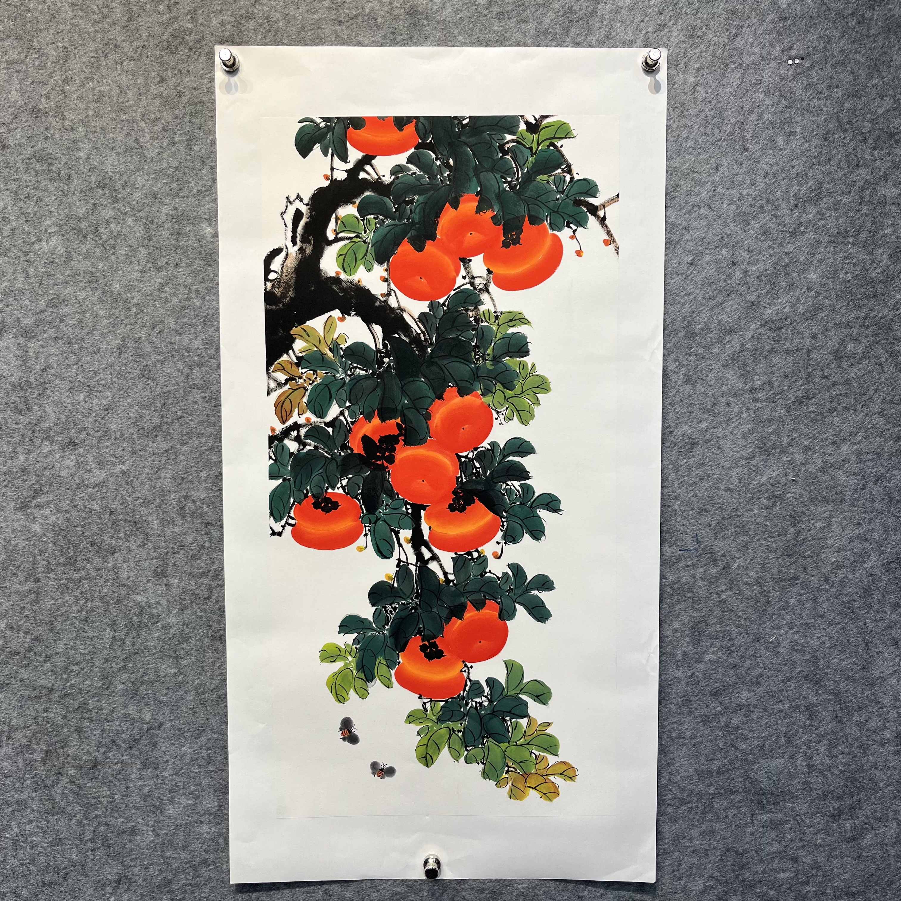 齐振家亲笔手绘画作【事事如意】竖柿子60*115cm送红礼盒收藏送礼
