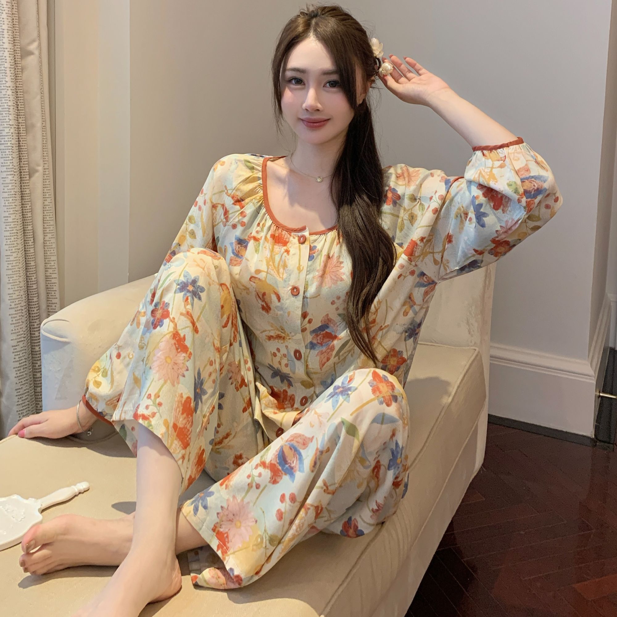 2025新款睡衣女春秋季中老年妈妈款家居服套装可外穿