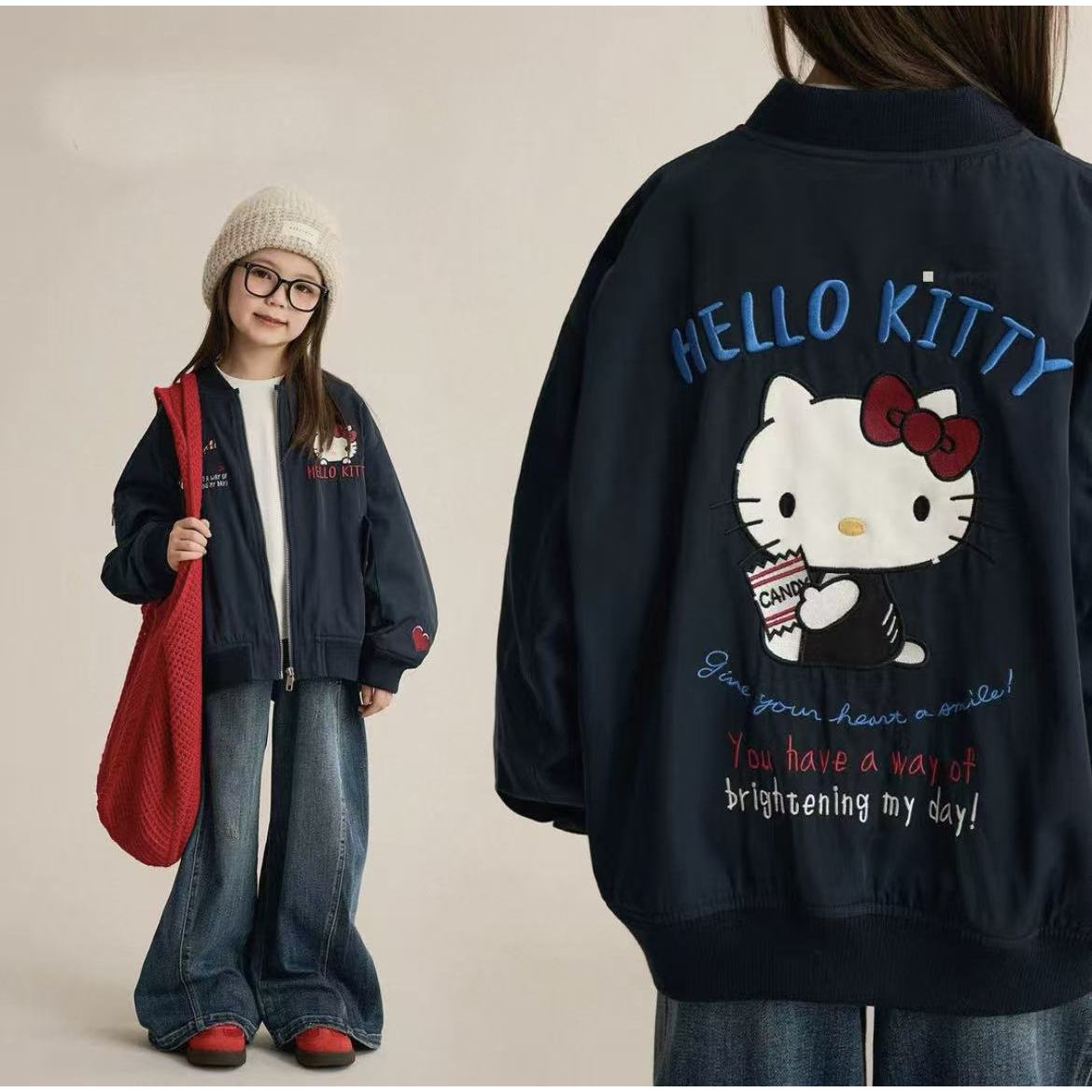 【ZS】女童秋季新款棒球服儿童kt猫刺绣夹克卡通拉链衫外套HCD260