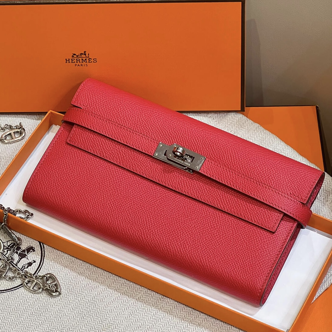 99新 Hermes/爱马仕 爱马仕kelly钱包红色银扣e皮N钱包