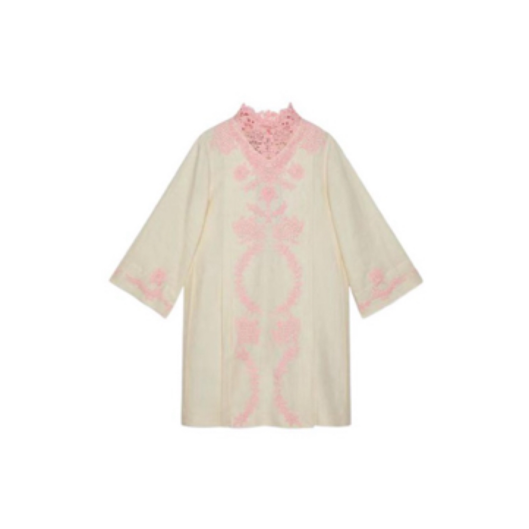 全新未使用 GUCCI/古驰 蕾丝拼接长袖棉麻短款连衣裙/42码/D00827