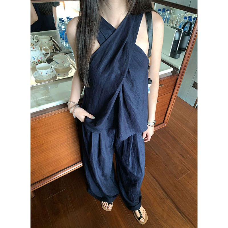 王少女的店 深蓝色气质通勤绑带百搭衬衫休闲裤女套装 S35500S52