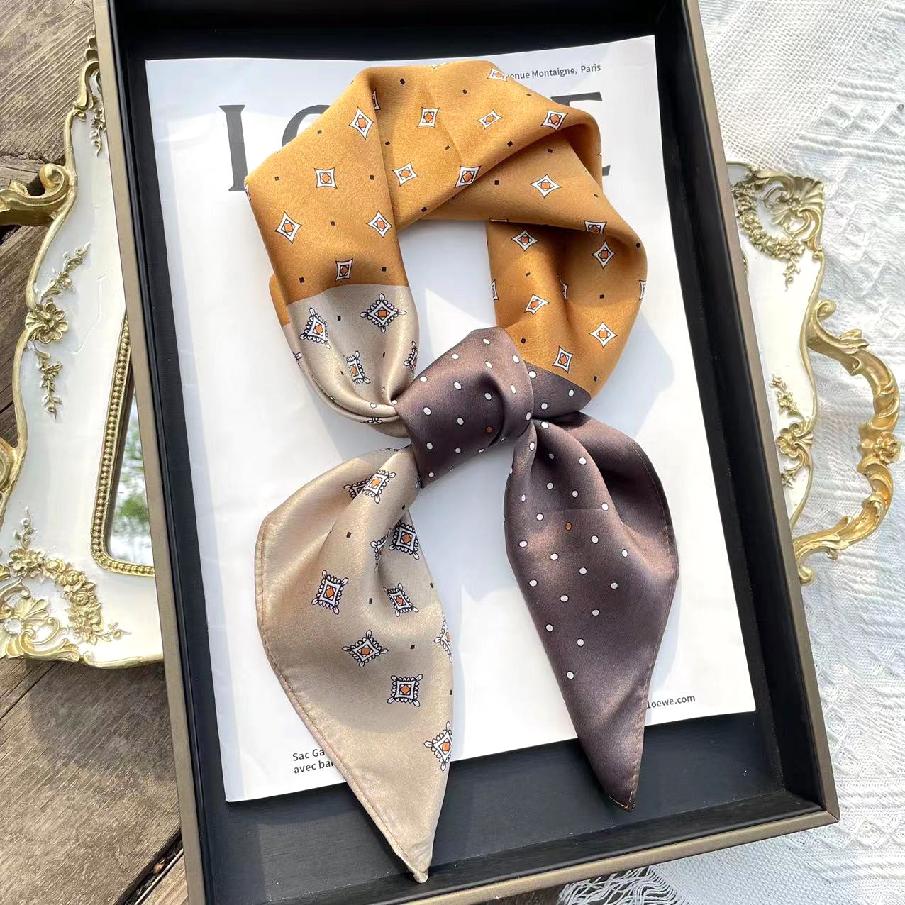 网红逐梦鸟真丝桑蚕丝丝巾女缎面丝绸丝巾轻奢高端方巾焦糖咖啡