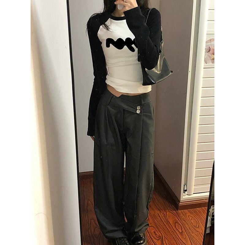 辣妹风新款港味复古网红炸街撞色印花t恤秋冬修身内搭女长袖上衣