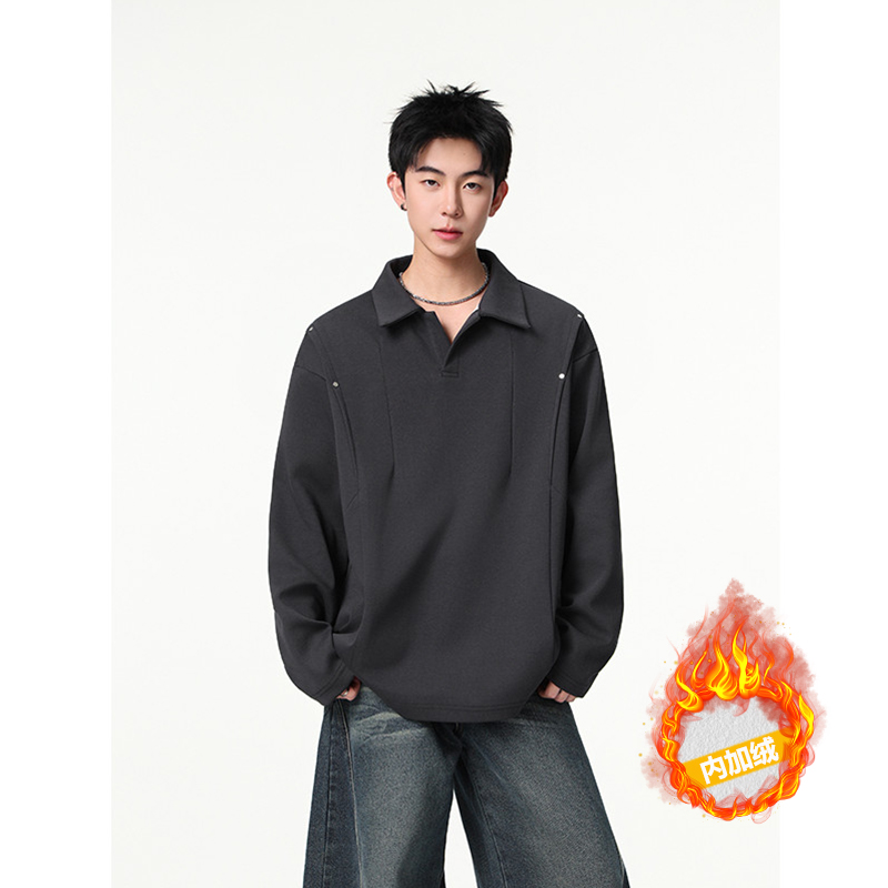 QIUYIDAODI【深情】秋季秋冬翻领男长袖打底衫秋冬男士日系宽松卫衣