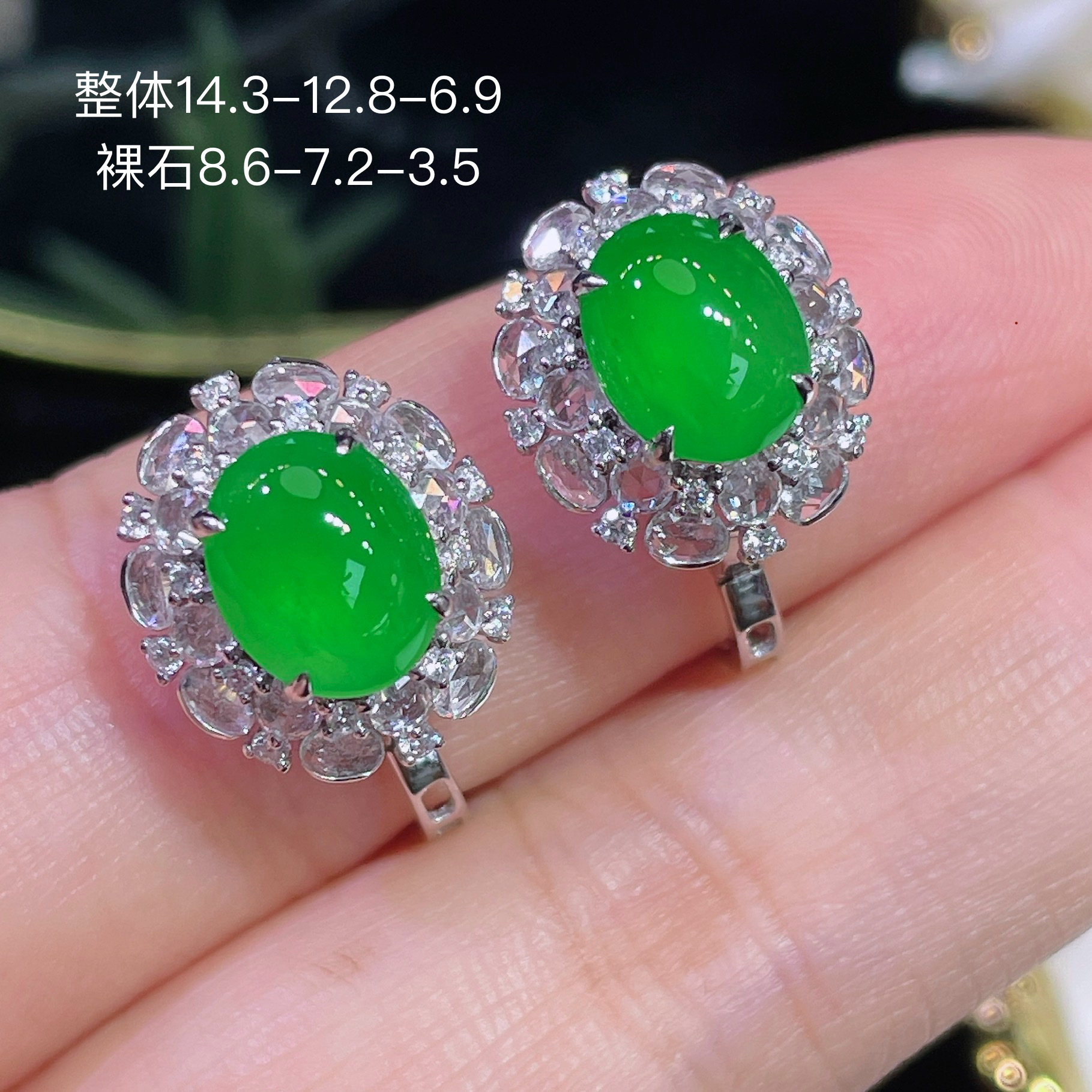 高端翡翠天然缅甸A货18k金镶嵌钻石阳绿色辣绿色满绿蛋面耳包