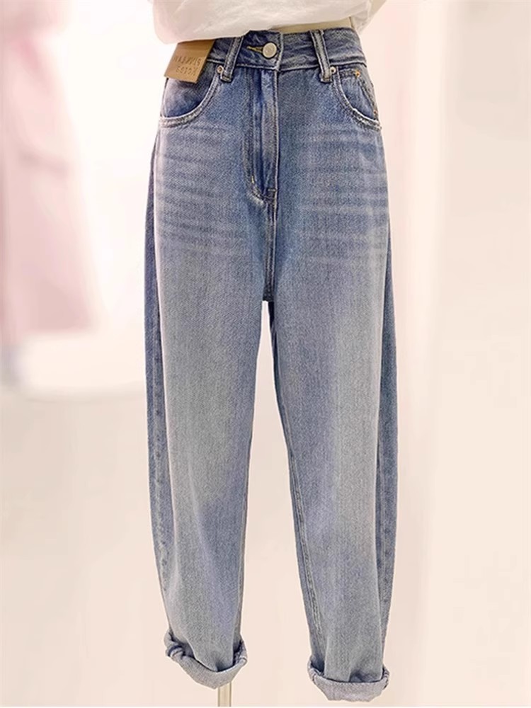 秋新款梨形身材女大码浅色哈伦牛仔裤胖mm显瘦老爹裤时尚老爹裤女