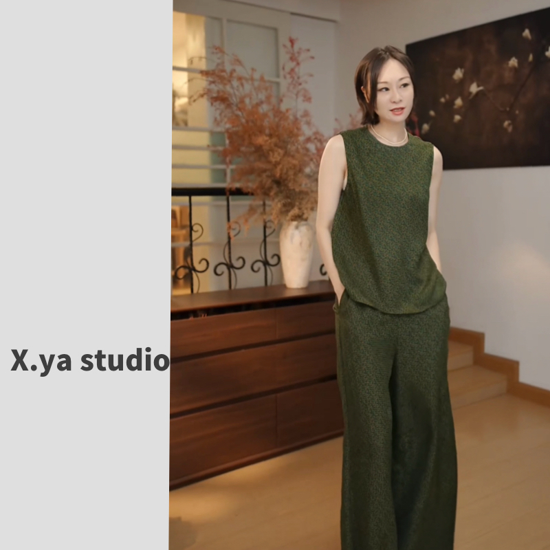 南油小雅古典优雅轻中式气质上衣真丝休闲显瘦背心裤子香云纱套装