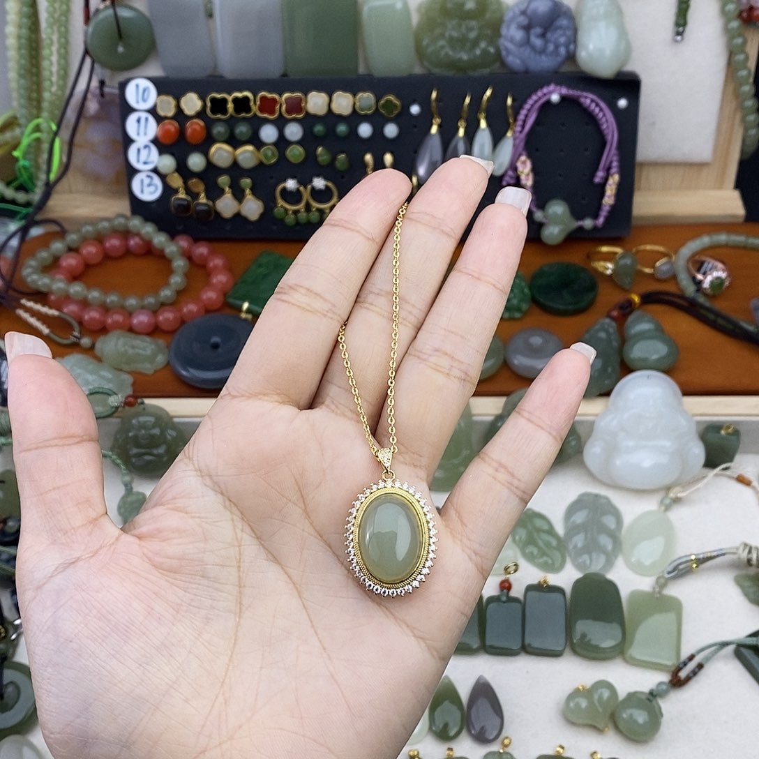 和田玉银S925镶嵌吊坠(不含链)