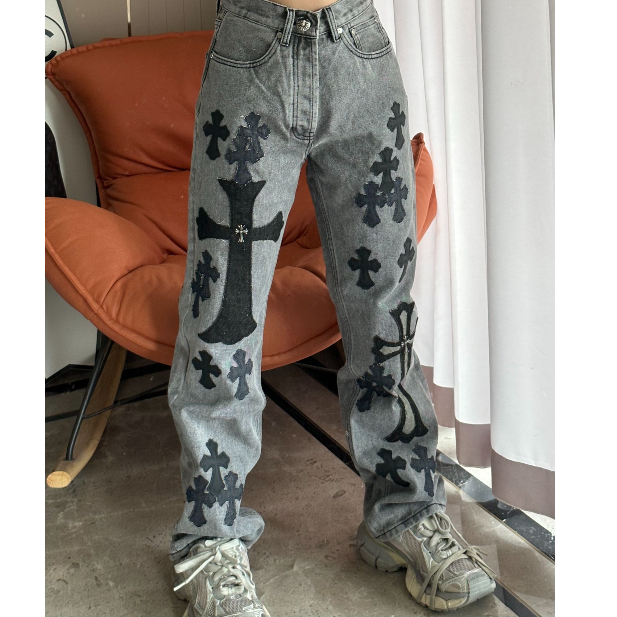 【CH牛王】新款复古十字水洗牛仔裤十字架男女同款时尚百搭高品质