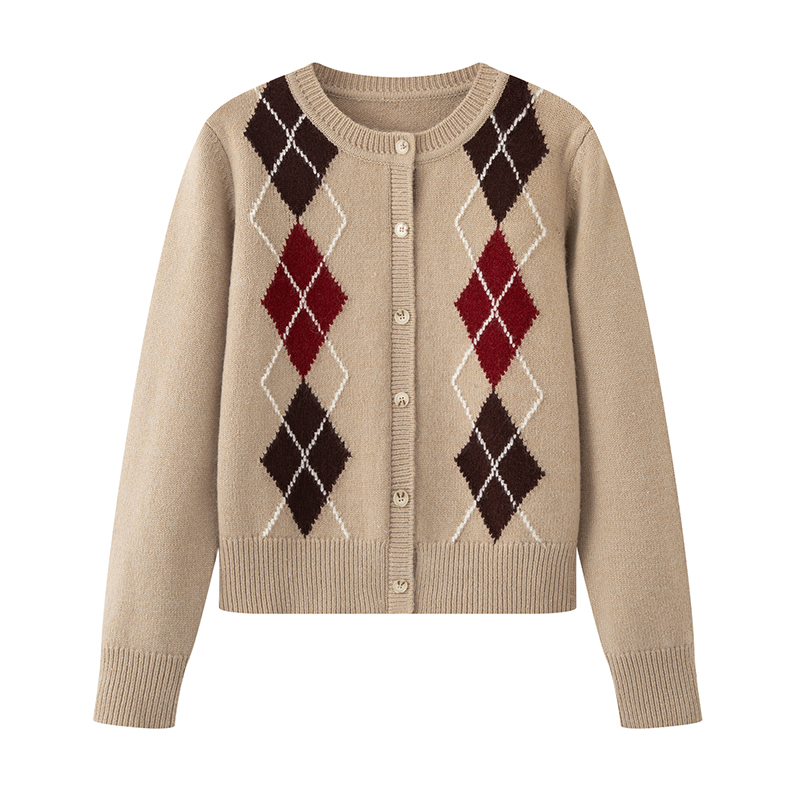 商场同款2025冬季新款时尚菱格纹圆领针织开衫休闲毛衣外套女0141