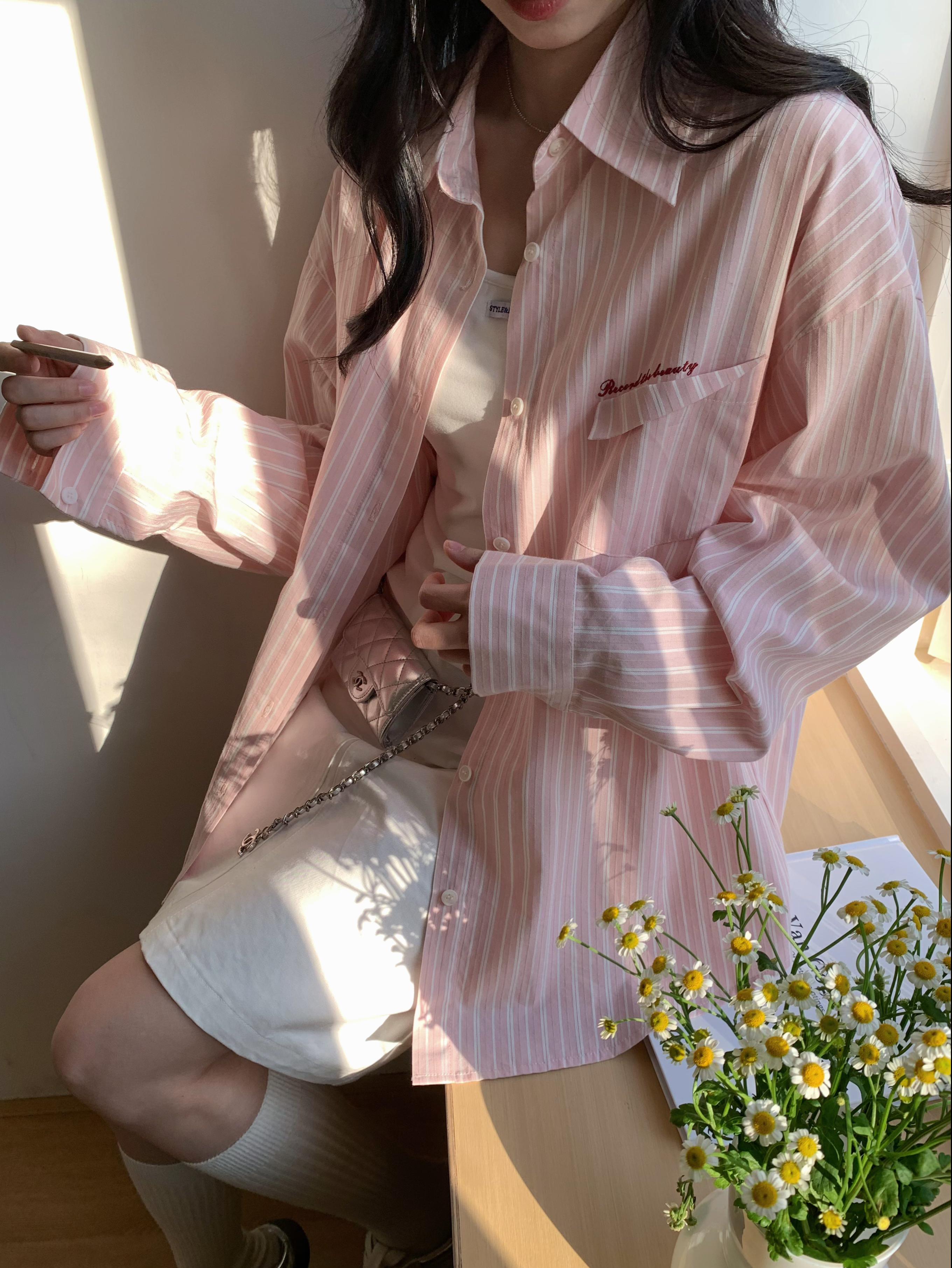 现货Even一雯【桃色冒险】韩系高智感休闲显瘦春夏设计粉色条纹衬衫