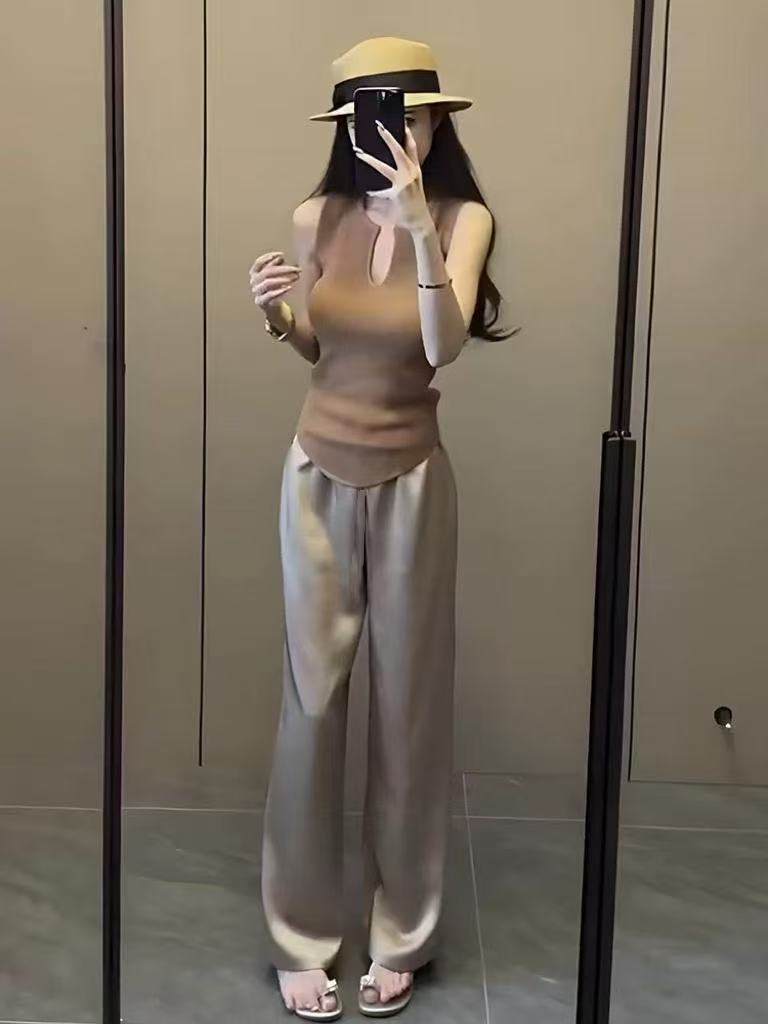 【长裤】新款后腰松紧 醋酸直筒裤高级感休闲醋酸显瘦长款阔腿裤