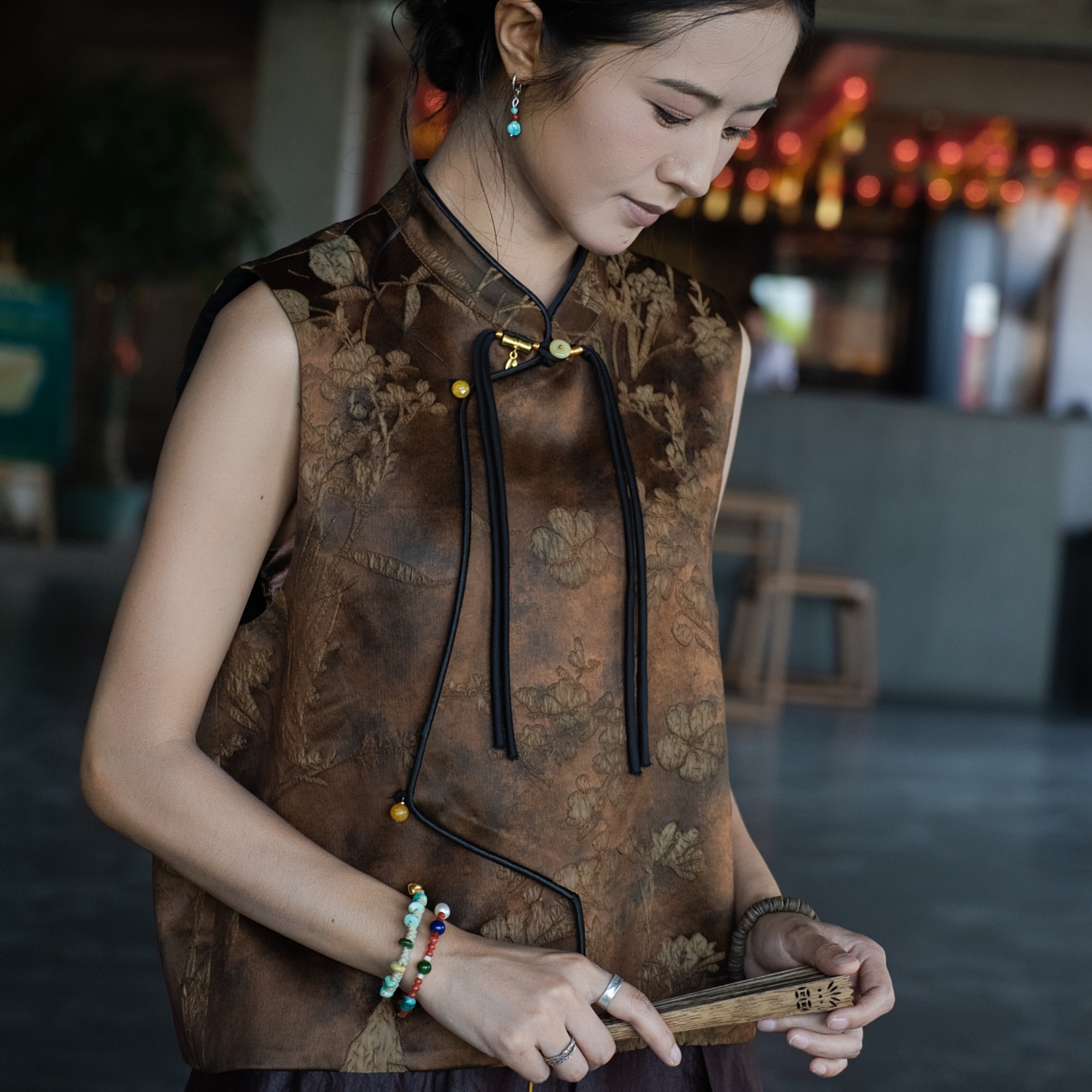 原创立领复古上衣简约风提花马甲新中式