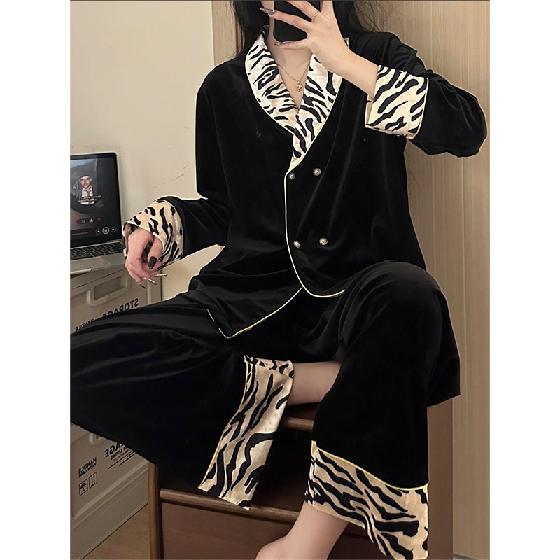 法式轻奢斑马纹金丝绒睡衣女秋冬新款名媛风保暖可外穿家居服套装