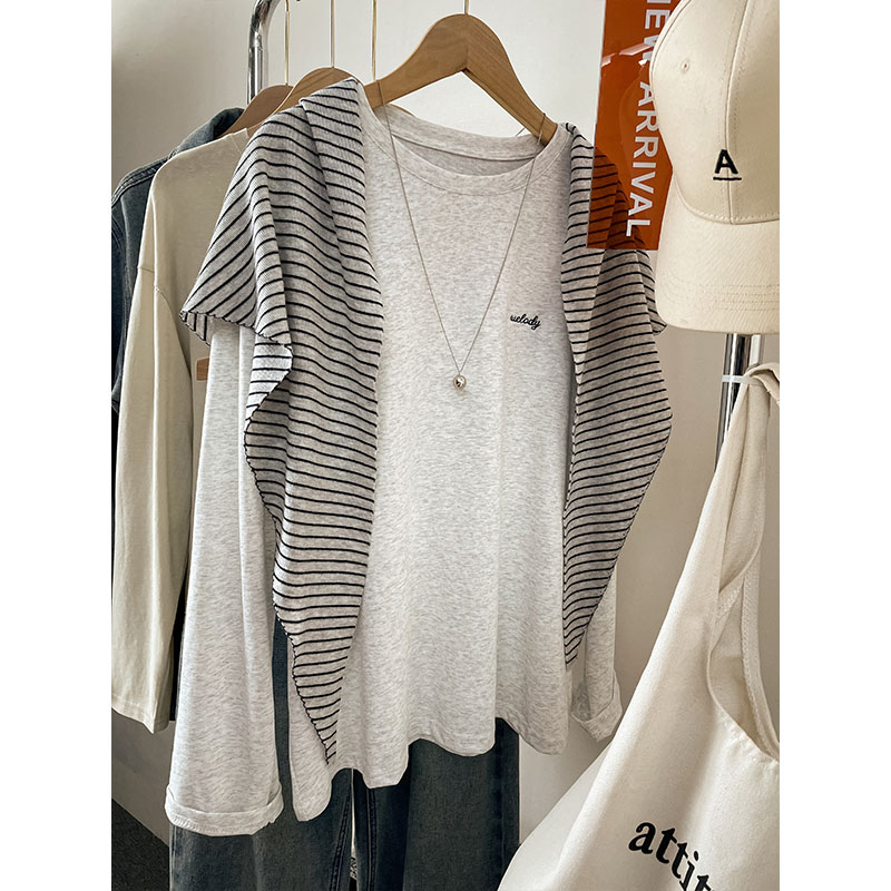 2025秋季新款宽松刺绣披肩长袖t恤女大码胖mm内搭打底衫遮肚上衣