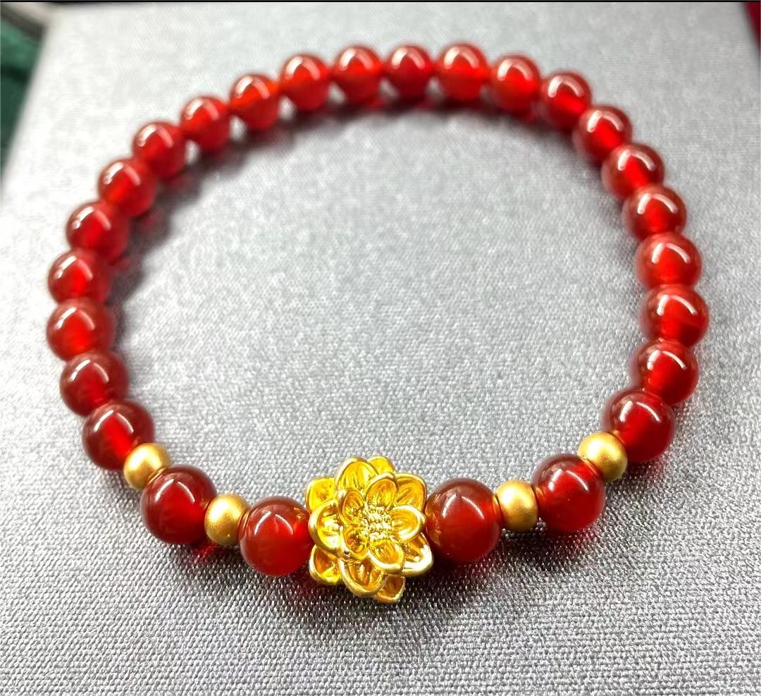 （2）足金卡10莲花+4mm古法金珠4颗（赠卡六红玛 瑙/玉髓手串）@010