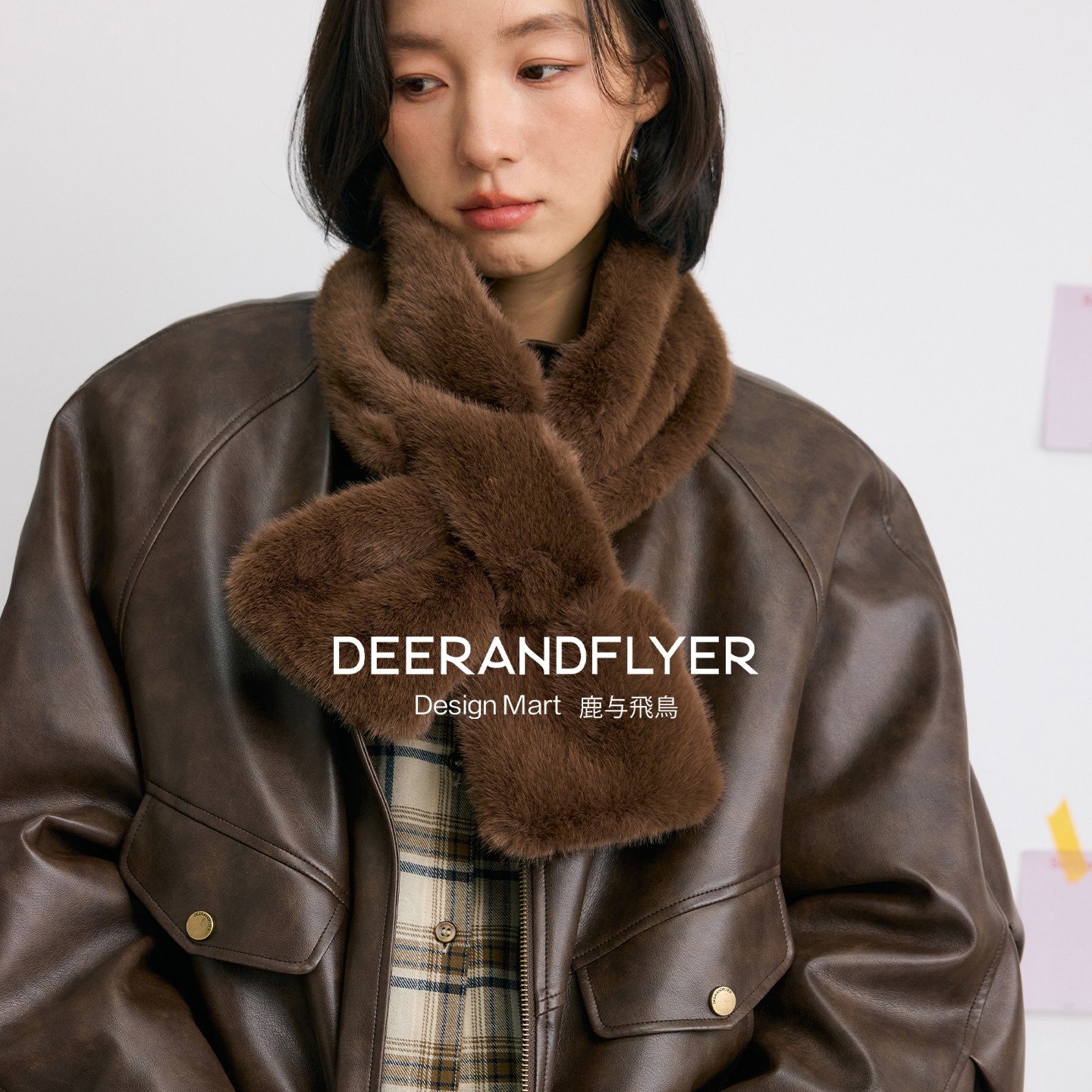 鹿与飞鸟“零下攻略”冬款加厚毛茸短款交叉双面围脖毛领围巾7271