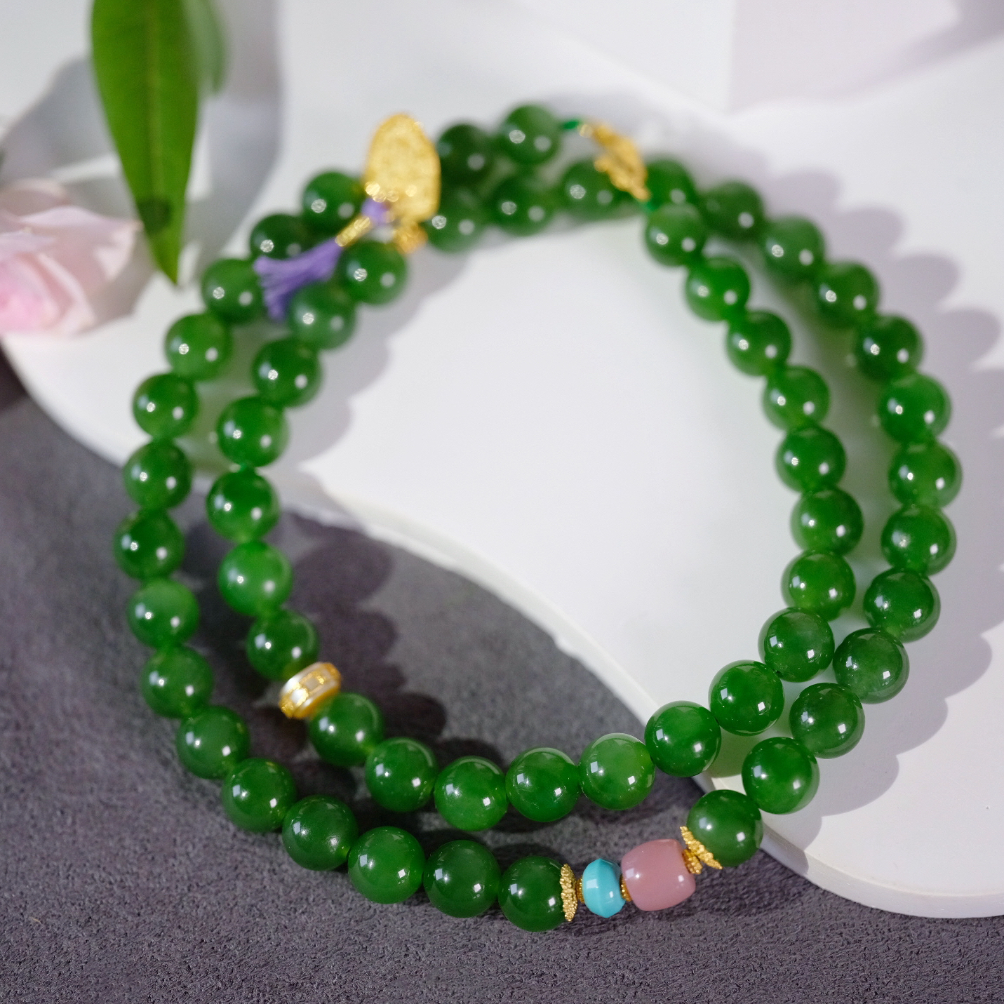 和田碧玉珠串18k金镶嵌国风百搭约8mm绿色时尚气质