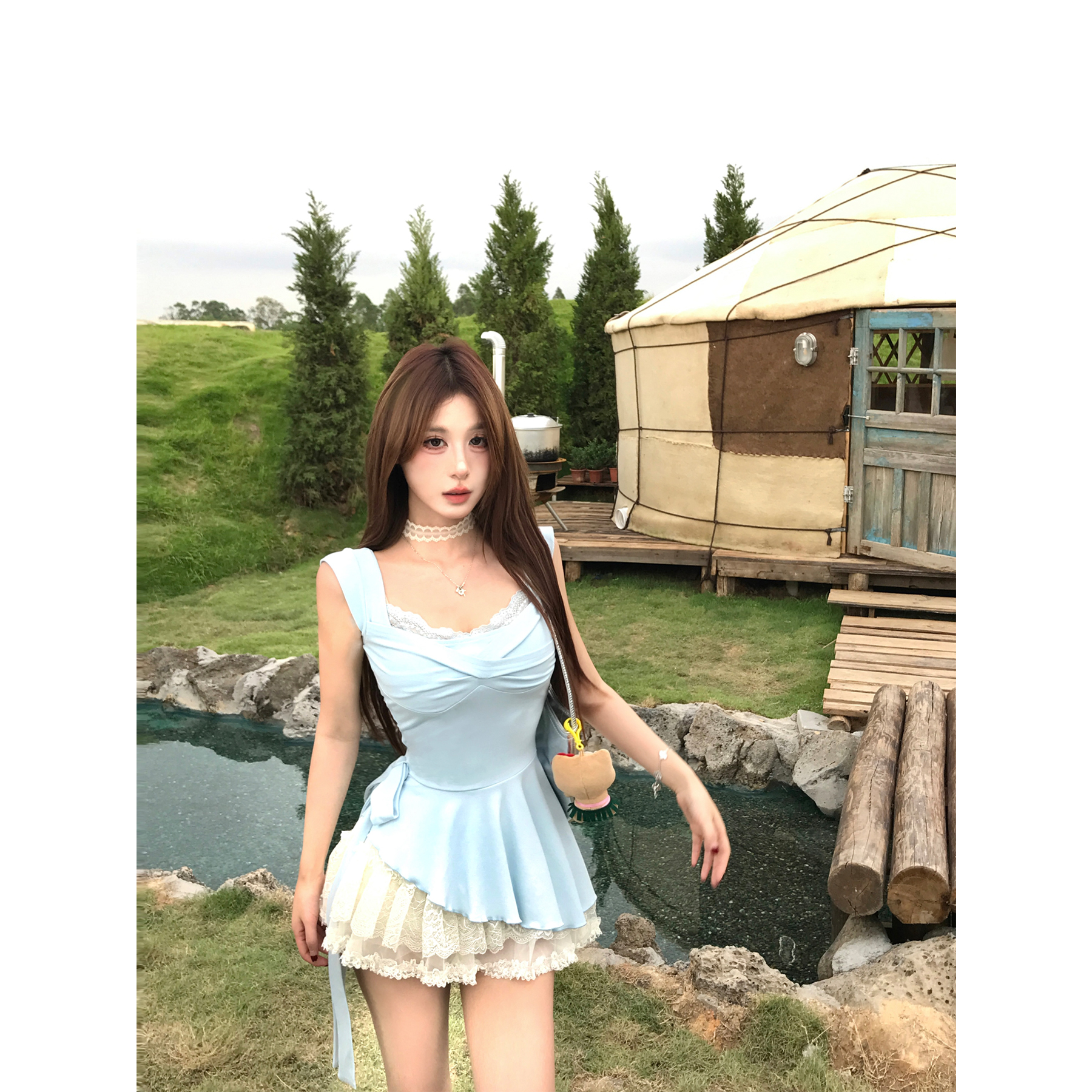 Mejiu蜜九【云柔漫步】甜辣风浅色T桖女夏季纯欲半裙蕾丝短款上衣