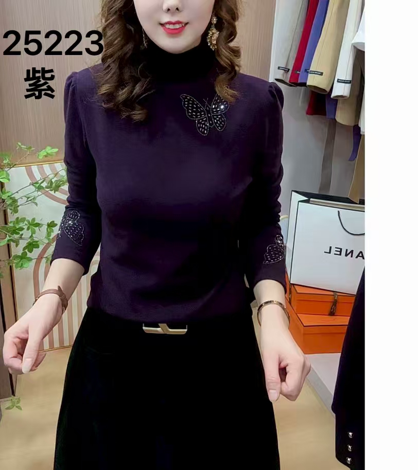 223#秋冬洋气亮钻蝴蝶打底衫女士百搭显瘦衬衣小衫纯色打底衫