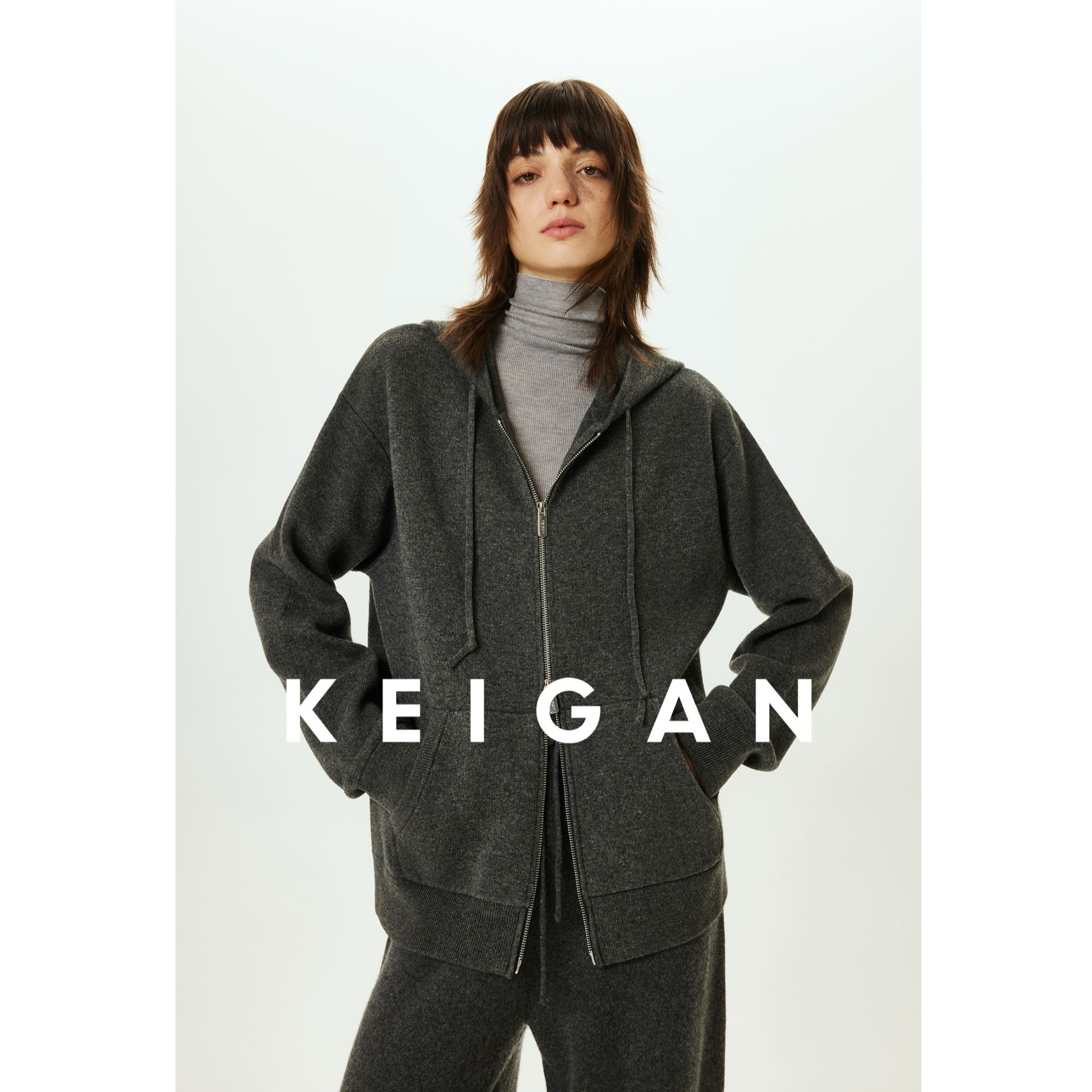 KEIGAN/开间高克重加厚软糯羊绒羊毛百搭针织卫衣微弧运动裤套装