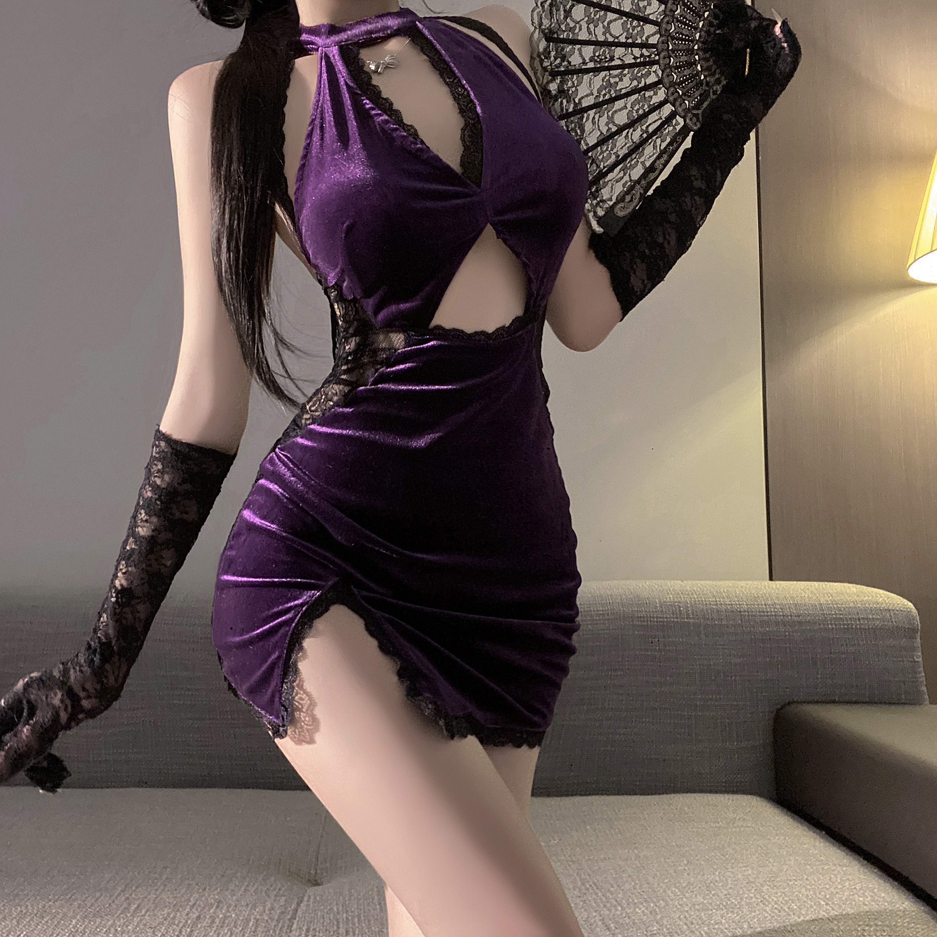 紫色韵味旗袍性感挂脖连体睡裙丝绒蕾丝包臀睡裙御姐性感露背战袍