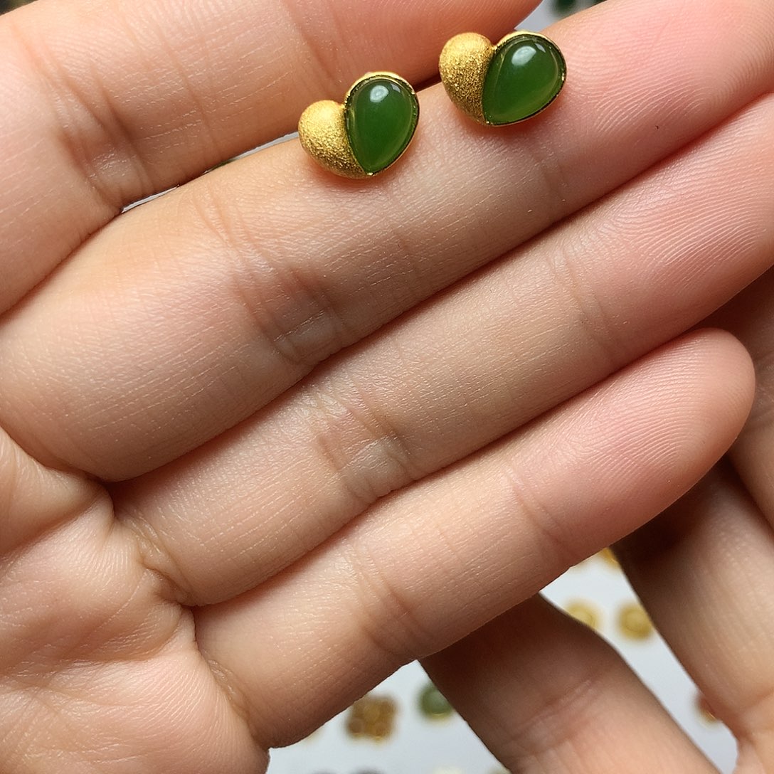 银S925镀金镶嵌和田玉（碧玉）耳饰